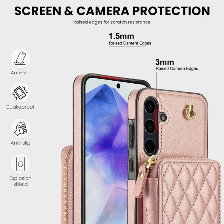 For Samsung Galaxy A35 5G AwQuer Crossbody Zipper Wallet Rhombic Leather Back Phone Case(Rose Gold) - Galaxy Phone Cases by Awquer | Online Shopping UK | buy2fix