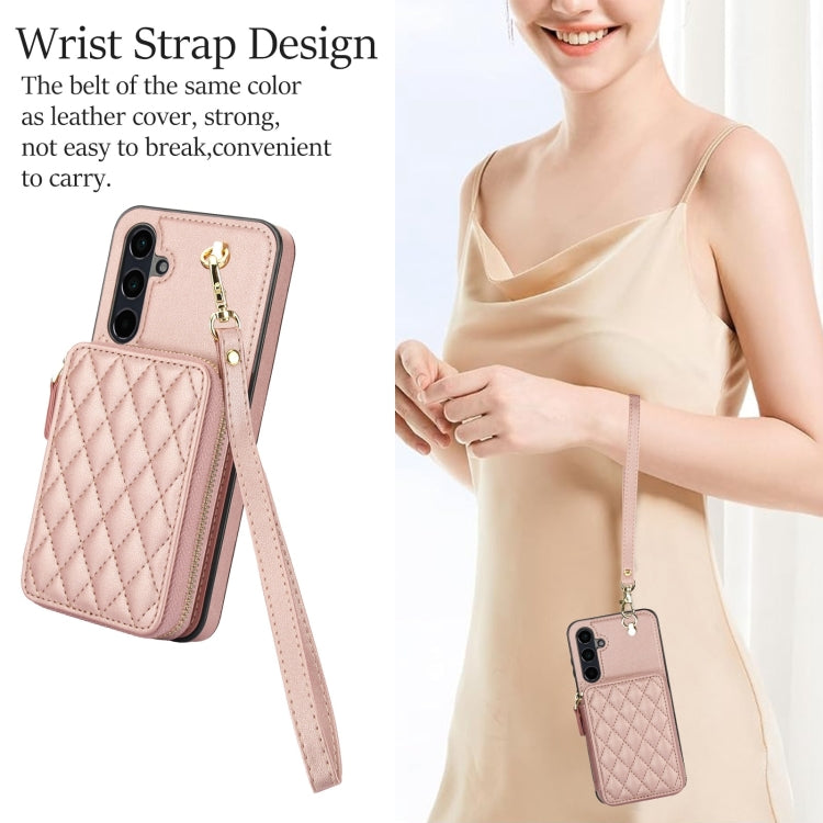 For Samsung Galaxy A35 5G AwQuer Crossbody Zipper Wallet Rhombic Leather Back Phone Case(Rose Gold) - Galaxy Phone Cases by Awquer | Online Shopping UK | buy2fix
