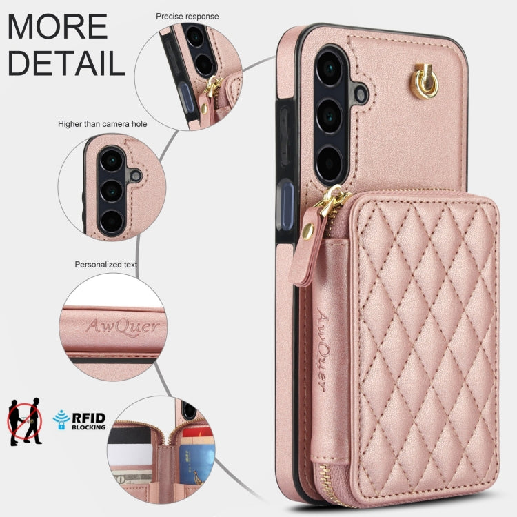 For Samsung Galaxy A15 4G / 5G AwQuer Crossbody Zipper Wallet Rhombic Leather Back Phone Case(Rose Gold) - Galaxy Phone Cases by Awquer | Online Shopping UK | buy2fix