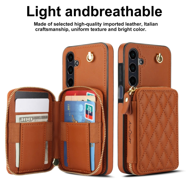 For Samsung Galaxy A15 4G / 5G AwQuer Crossbody Zipper Wallet Rhombic Leather Back Phone Case(Brown) - Galaxy Phone Cases by Awquer | Online Shopping UK | buy2fix