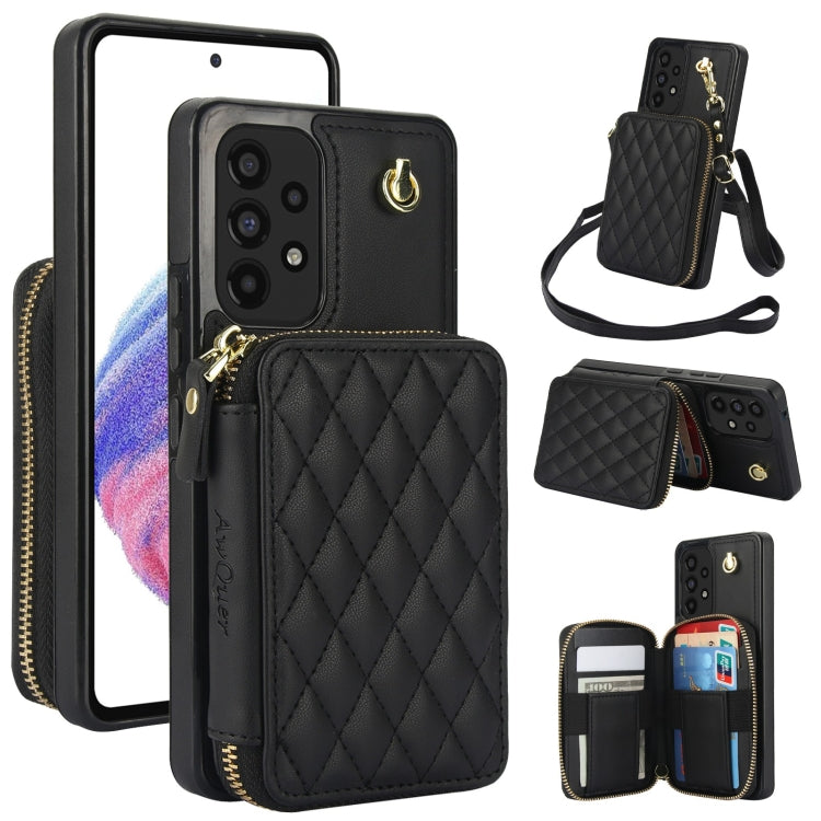 For Samsung Galaxy A73 4G / 5G AwQuer Crossbody Zipper Wallet Rhombic Leather Back Phone Case(Black) - Galaxy Phone Cases by Awquer | Online Shopping UK | buy2fix