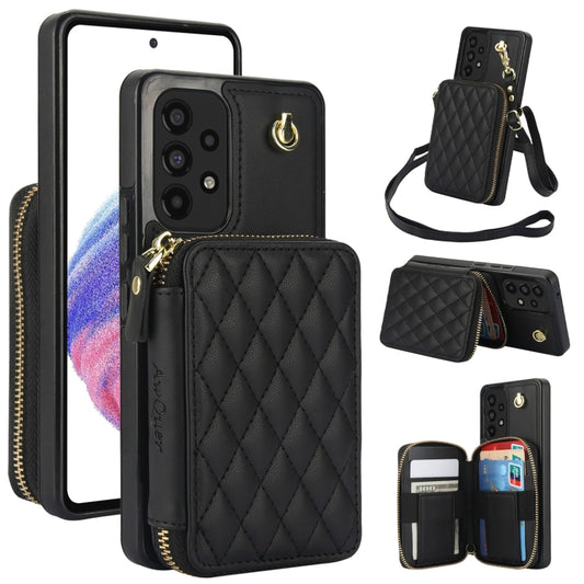 For Samsung Galaxy A73 4G / 5G AwQuer Crossbody Zipper Wallet Rhombic Leather Back Phone Case(Black) - Galaxy Phone Cases by Awquer | Online Shopping UK | buy2fix