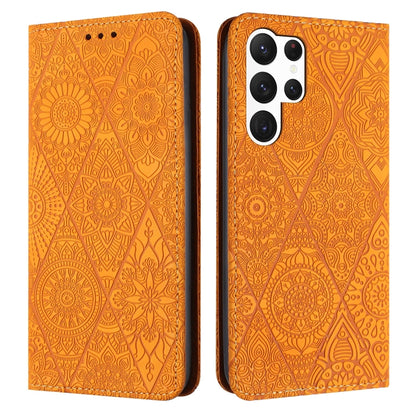 For Samsung Galaxy S25 Ultra 5G Ethnic Embossed Adsorption Leather Phone Case(Yellow) by buy2fix