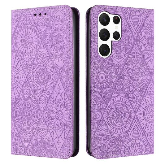 For Samsung Galaxy S25 Ultra 5G Ethnic Embossed Adsorption Leather Phone Case(Purple) by buy2fix