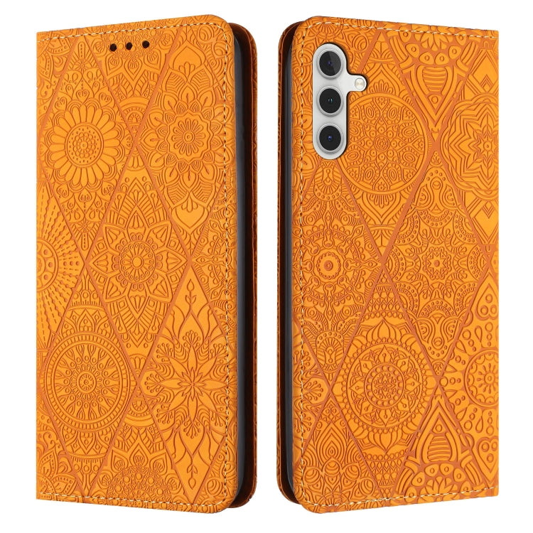 For Samsung Galaxy S25 5G Ethnic Embossed Adsorption Leather Phone Case(Yellow) by buy2fix