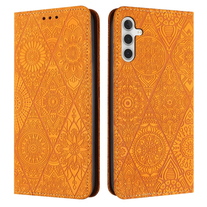 For Samsung Galaxy S25 5G Ethnic Embossed Adsorption Leather Phone Case(Yellow) by buy2fix