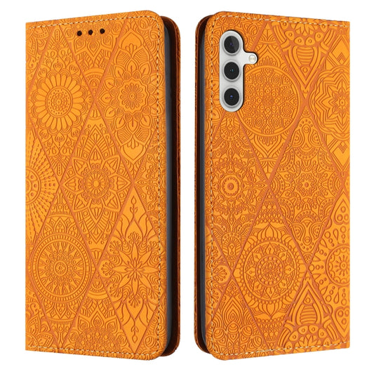 For Samsung Galaxy S25 5G Ethnic Embossed Adsorption Leather Phone Case(Yellow) by buy2fix
