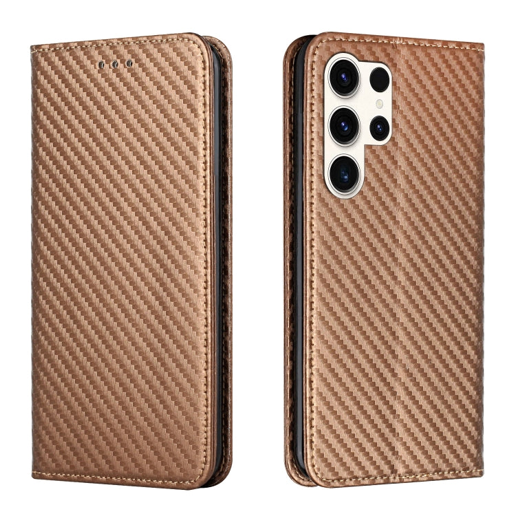 For Samsung Galaxy S25 Ultra 5G Carbon Fiber Texture Magnetic Flip Leather Phone Case(Brown) by buy2fix