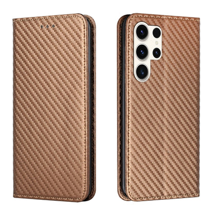 For Samsung Galaxy S25 Ultra 5G Carbon Fiber Texture Magnetic Flip Leather Phone Case(Brown) by buy2fix