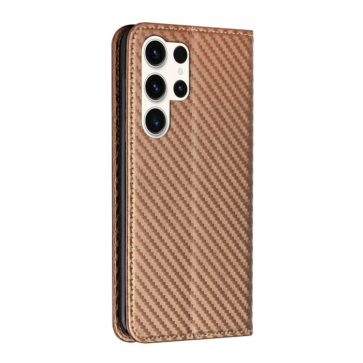 For Samsung Galaxy S25 Ultra 5G Carbon Fiber Texture Magnetic Flip Leather Phone Case(Brown) by buy2fix
