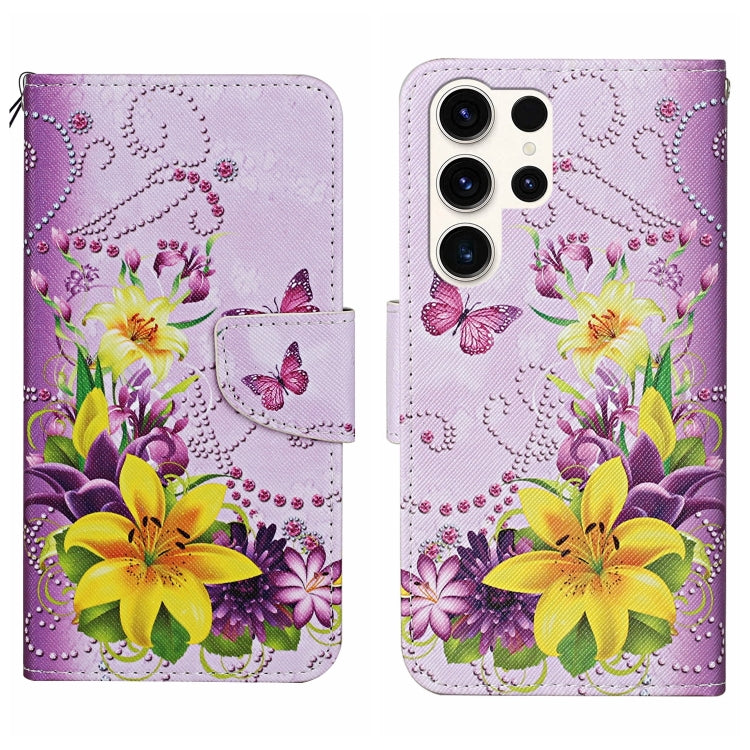 For Samsung Galaxy S25 Ultra 5G Colored Drawing Pattern Leather Phone Case(Yellow Flower Butterfly) by buy2fix
