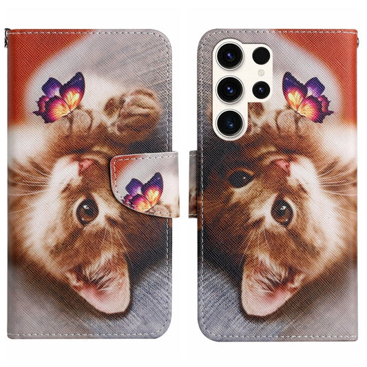 For Samsung Galaxy S25 Ultra 5G Colored Drawing Pattern Leather Phone Case(Butterfly Cat) by buy2fix