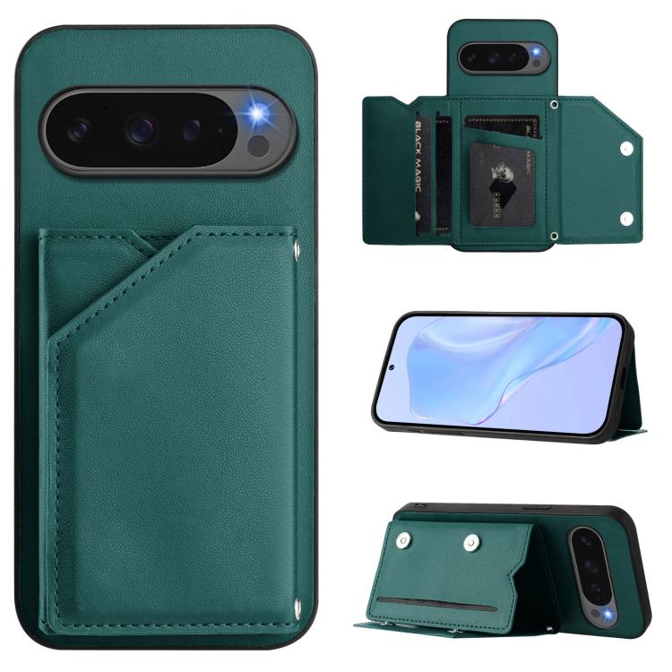 For Google Pixel 10 Pro XL Skin Feel Four Card Slots Phone Case with Wrist Strap(Green) - Google Cases by buy2fix | Online Shopping UK | buy2fix