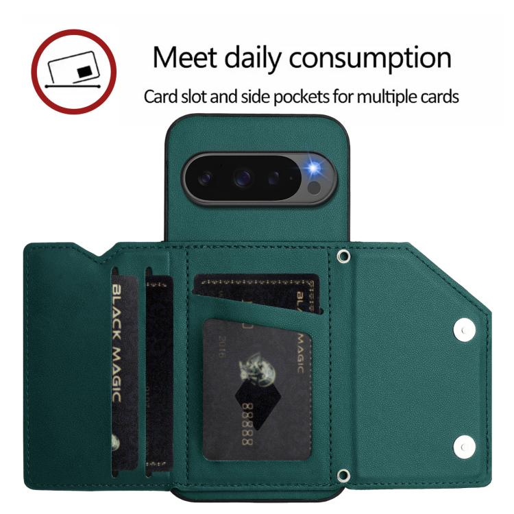 For Google Pixel 10 Pro XL Skin Feel Four Card Slots Phone Case with Wrist Strap(Green) - Google Cases by buy2fix | Online Shopping UK | buy2fix