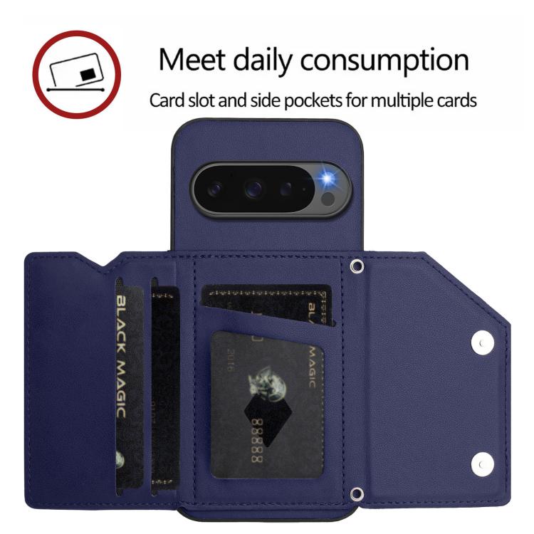 For Google Pixel 10 Pro XL Skin Feel Four Card Slots Phone Case with Wrist Strap(Blue) - Google Cases by buy2fix | Online Shopping UK | buy2fix