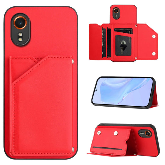 For Samsung Galaxy Xcover 7 Skin Feel Four Card Slots Phone Case with Wrist Strap(Red)