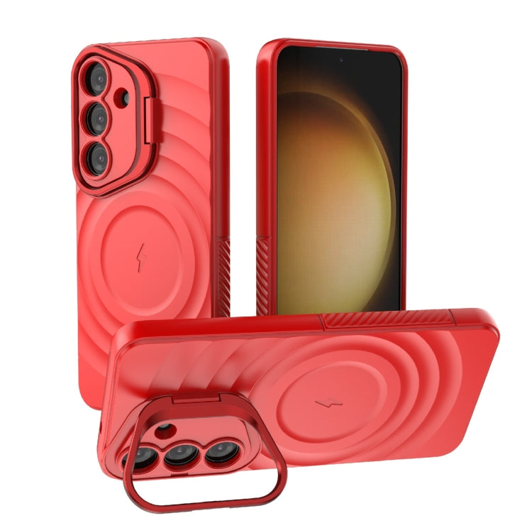 For Samsung Galaxy S25 5G Lens Frame Bracket Corrugated MagSafe Phone Case(Red) by buy2fix