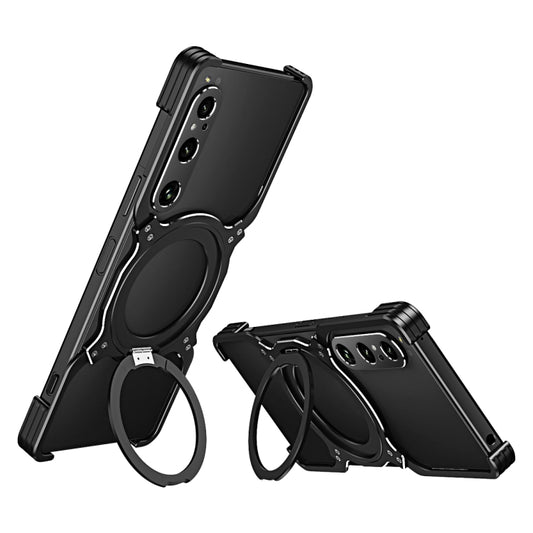 For Sony Xperia 1 V Mechanical Arm Borderless MagSafe Holder Metal Phone Case(Black Silver) - Sony Cases by buy2fix | Online Shopping UK | buy2fix
