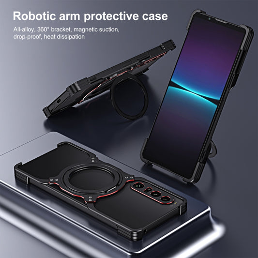 For Sony Xperia 1 V Mechanical Arm Borderless MagSafe Holder Metal Phone Case(Black Red) - Sony Cases by buy2fix | Online Shopping UK | buy2fix