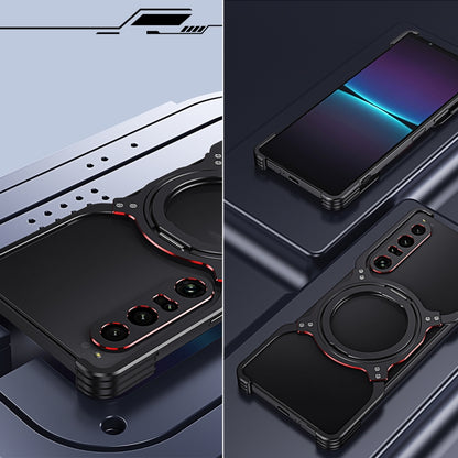 For Sony Xperia 1 IV Mechanical Arm Borderless MagSafe Holder Metal Phone Case(Black Purple) - Sony Cases by buy2fix | Online Shopping UK | buy2fix