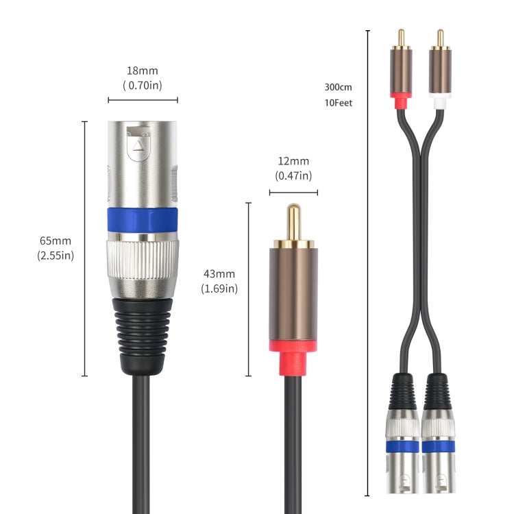 2 RCA Male to 2 XLR 3pin Male Audio Cable, Length:3m(Black Silver) by buy2fix