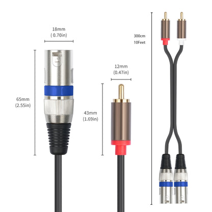 2 RCA Male to 2 XLR 3pin Male Audio Cable, Length:3m(Black Silver) by buy2fix