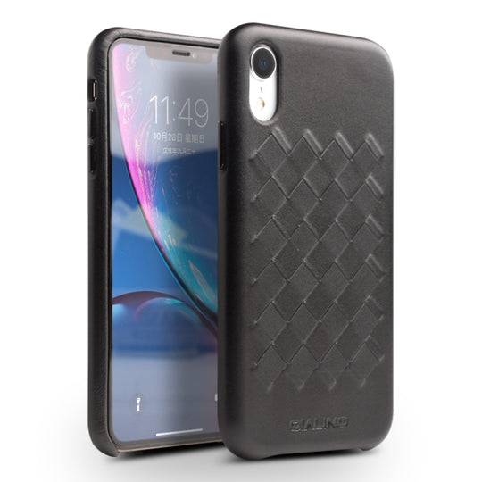 For iPhone XR QIALINO Shockproof Weave Cowhide Leather Protective Case(Black)