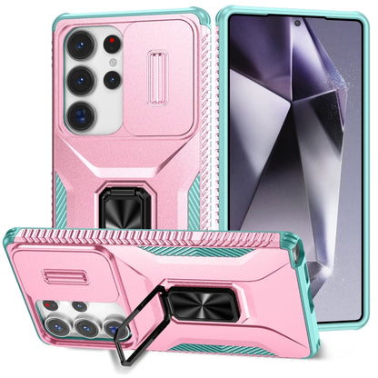 For Samsung Galaxy S25 Ultra 5G Sliding Camshield Holder Phone Case(Pink + Grey Green) by buy2fix