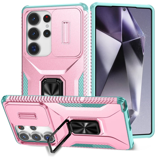 For Samsung Galaxy S25 Ultra 5G Sliding Camshield Holder Phone Case(Pink + Grey Green) by buy2fix