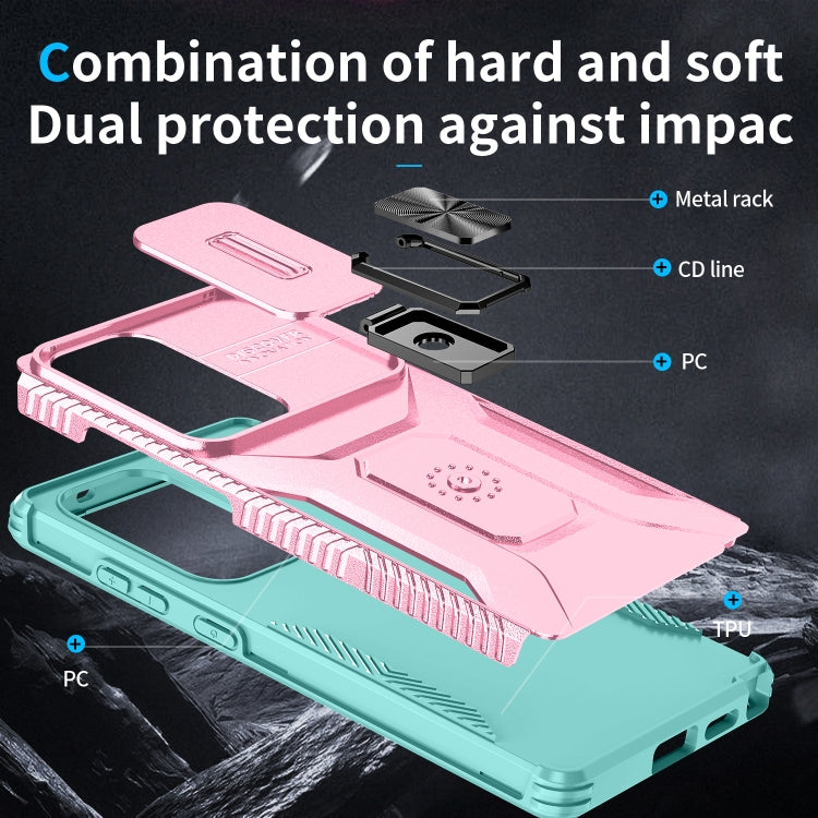 For Samsung Galaxy S25 Ultra 5G Sliding Camshield Holder Phone Case(Pink + Grey Green) by buy2fix