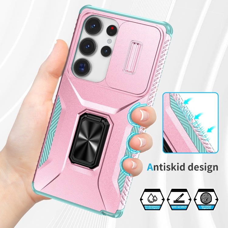 For Samsung Galaxy S25 Ultra 5G Sliding Camshield Holder Phone Case(Pink + Grey Green) by buy2fix