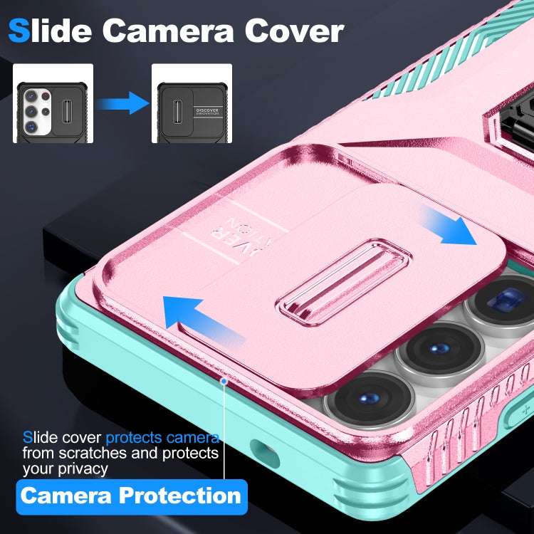 For Samsung Galaxy S25 Ultra 5G Sliding Camshield Holder Phone Case(Pink + Grey Green) by buy2fix