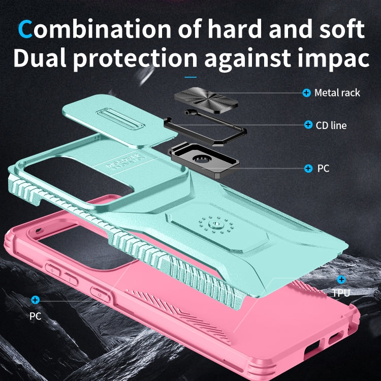 For Samsung Galaxy S25 Ultra 5G Sliding Camshield Holder Phone Case(Grey Green + Pink) by buy2fix