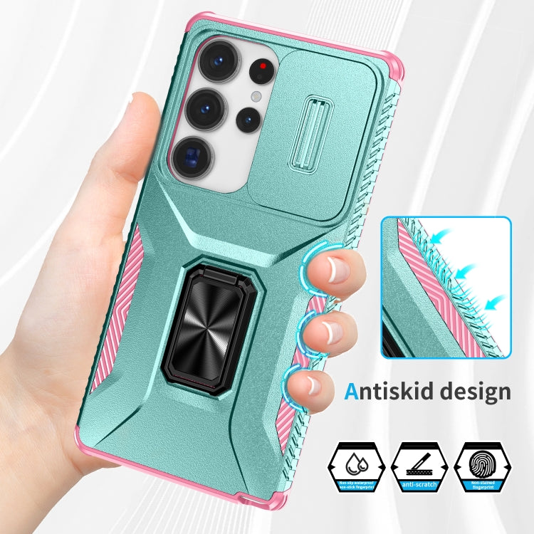 For Samsung Galaxy S25 Ultra 5G Sliding Camshield Holder Phone Case(Grey Green + Pink) by buy2fix