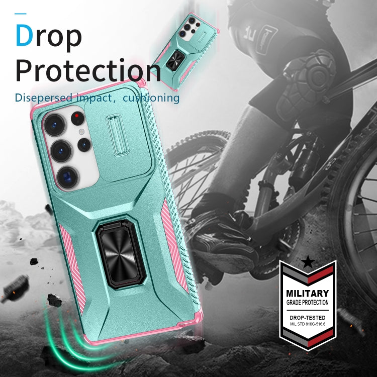 For Samsung Galaxy S25 Ultra 5G Sliding Camshield Holder Phone Case(Grey Green + Pink) by buy2fix