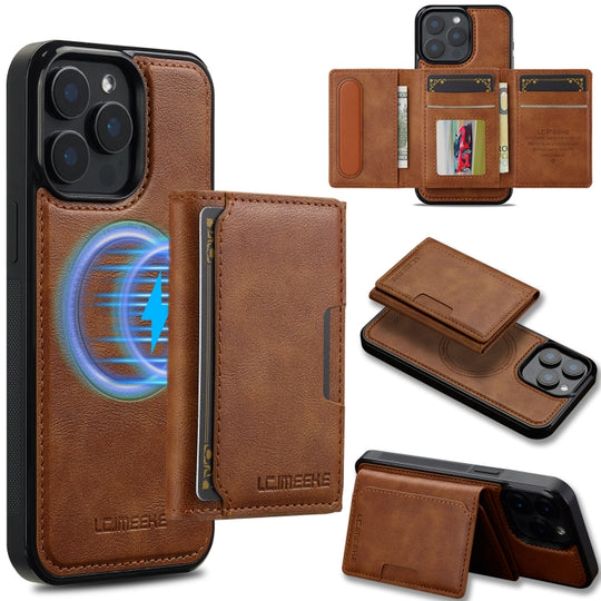 For iPhone 14 Pro Max LC.IMEEKE L5 Series Detachable RFID Card Bag Magsafe Phone Case(Brown)