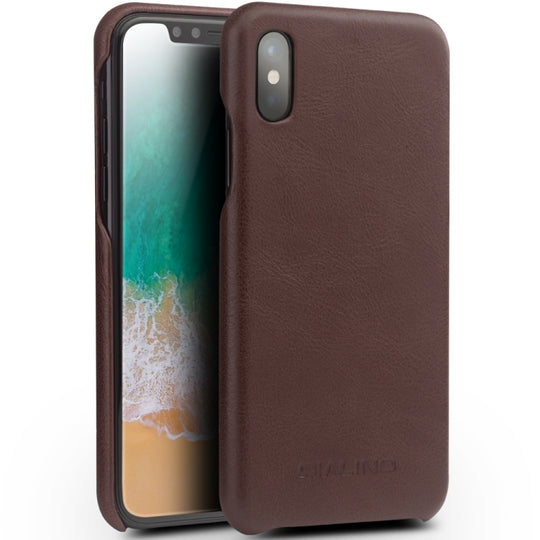 For iPhone X / XS QIALINO Shockproof Cowhide Leather Protective Case(Dark Brown)