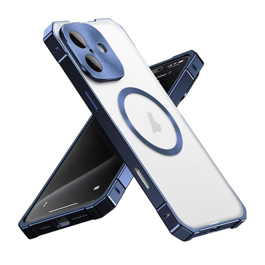 For iPhone 16 Irregular Alloy Frame Fosted Translucent MagSafe Phone Case(Blue) - iPhone 16 Cases by buy2fix | Online Shopping UK | buy2fix