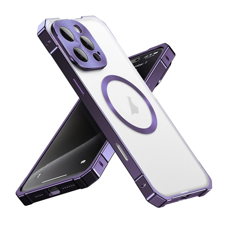 For iPhone 16 Pro Irregular Alloy Frame Fosted Translucent MagSafe Phone Case(Purple) - iPhone 16 Pro Cases by buy2fix | Online Shopping UK | buy2fix