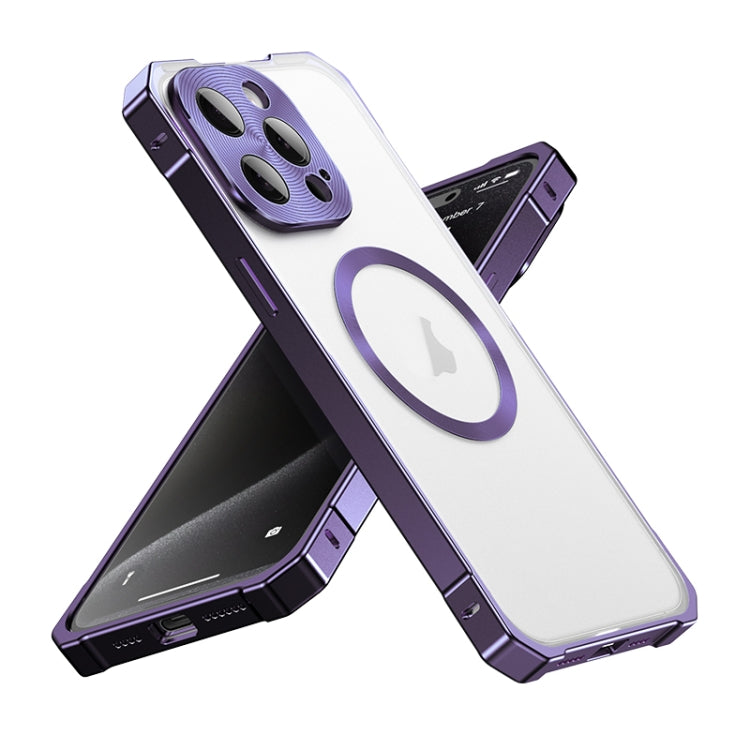For iPhone 15 Pro Max Irregular Alloy Frame Fosted Translucent MagSafe Phone Case(Purple) - iPhone 15 Pro Max Cases by buy2fix | Online Shopping UK | buy2fix