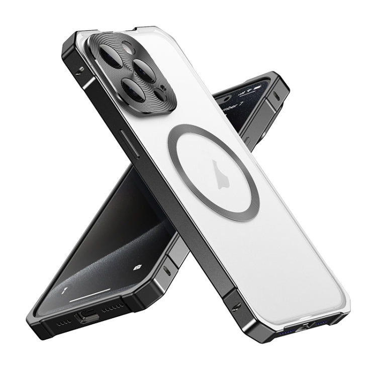For iPhone 15 Pro Irregular Alloy Frame Fosted Translucent MagSafe Phone Case(Black) - iPhone 15 Pro Cases by buy2fix | Online Shopping UK | buy2fix