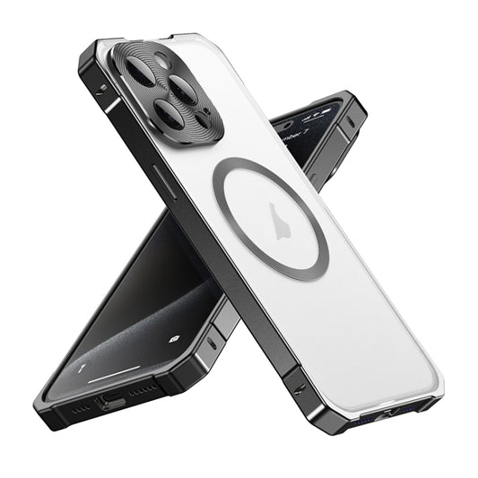 For iPhone 15 Pro Irregular Alloy Frame Fosted Translucent MagSafe Phone Case(Black) - iPhone 15 Pro Cases by buy2fix | Online Shopping UK | buy2fix
