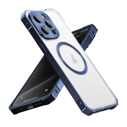 For iPhone 15 Pro Irregular Alloy Frame Fosted Translucent MagSafe Phone Case(Blue) - iPhone 15 Pro Cases by buy2fix | Online Shopping UK | buy2fix