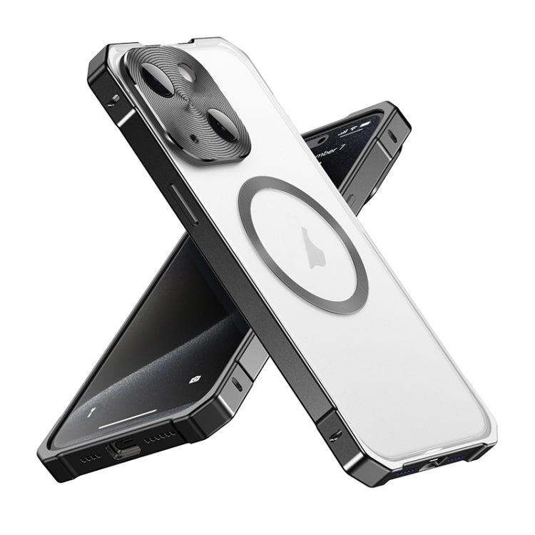 For iPhone 15 Irregular Alloy Frame Fosted Translucent MagSafe Phone Case(Black) - iPhone 15 Cases by buy2fix | Online Shopping UK | buy2fix