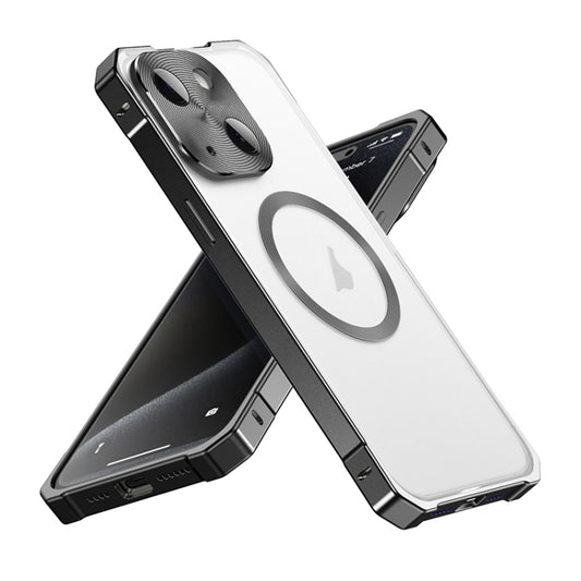 For iPhone 15 Irregular Alloy Frame Fosted Translucent MagSafe Phone Case(Black) - iPhone 15 Cases by buy2fix | Online Shopping UK | buy2fix