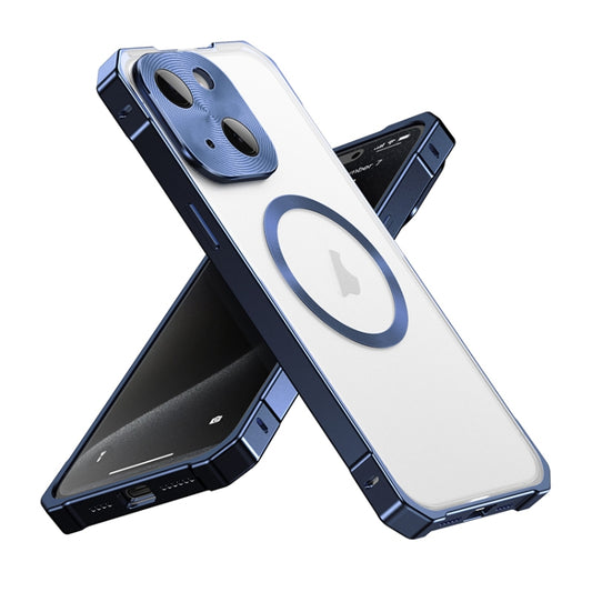 For iPhone 15 Irregular Alloy Frame Fosted Translucent MagSafe Phone Case(Blue) - iPhone 15 Cases by buy2fix | Online Shopping UK | buy2fix