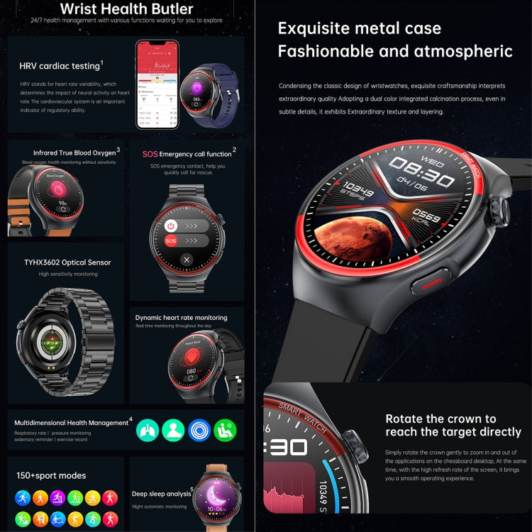 T82 1.43 inch Round Screen BT Call Smart Watch, Heart Rate / Blood Pressure / Blood Oxygen / Sleep / Blood Sugar / HRV / Metope / SOS, Strap:Leather Brown by buy2fix