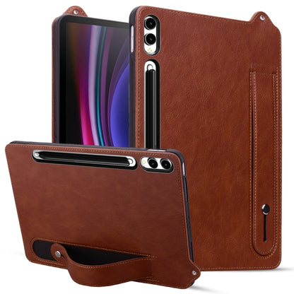 For Samsung Galaxy Tab S10 Ultra/ S11 Ultra TPU Leather Back Tablet Case with Wristband(Brown) by buy2fix
