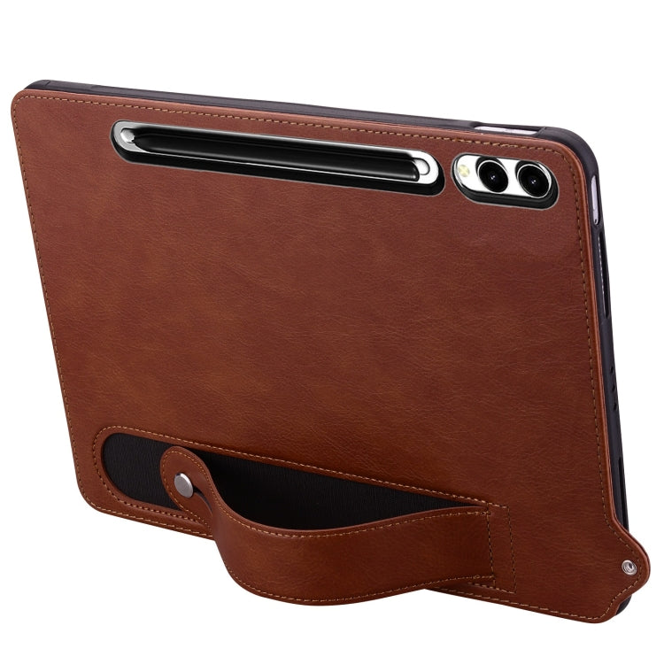 For Samsung Galaxy Tab S10 Ultra/ S11 Ultra TPU Leather Back Tablet Case with Wristband(Brown) by buy2fix
