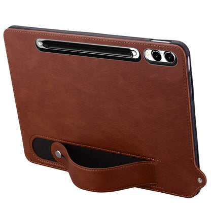 For Samsung Galaxy Tab S10 Ultra/ S11 Ultra TPU Leather Back Tablet Case with Wristband(Brown) by buy2fix